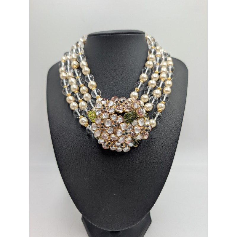 Collier Gripoix floral multi-rangs perles et cristal - Bijou haute fantaisie vintage